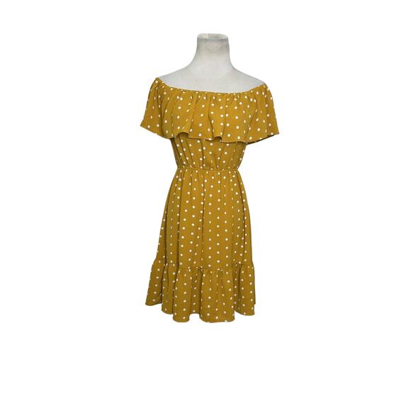 Forever 21 yellow white polka dots off shoulder mini dress size Small - Picture 7 of 12